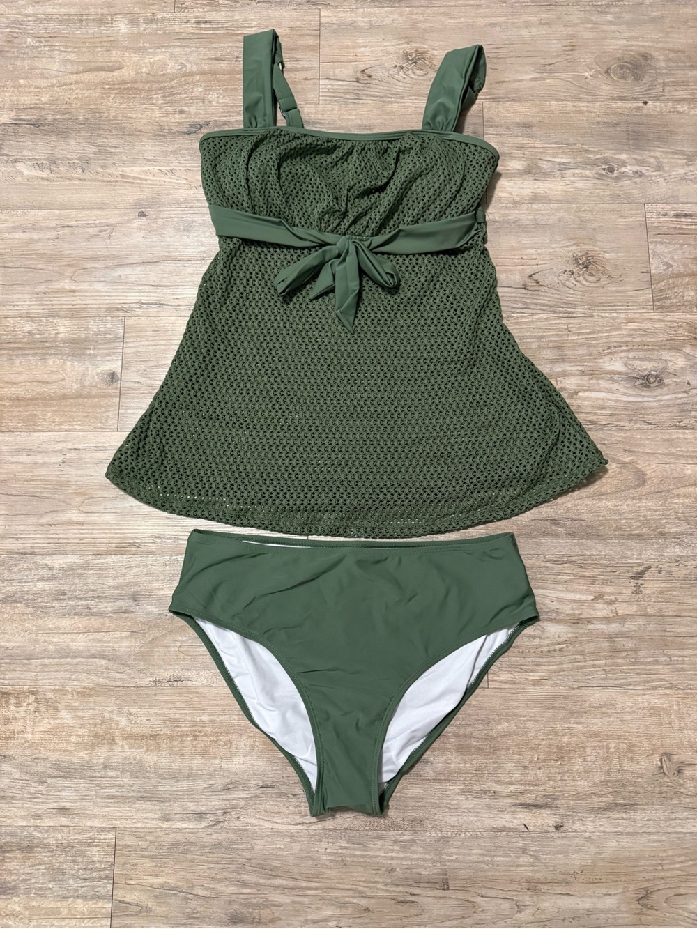 Olive Green Textured Tankini Set with Tie-Waist
